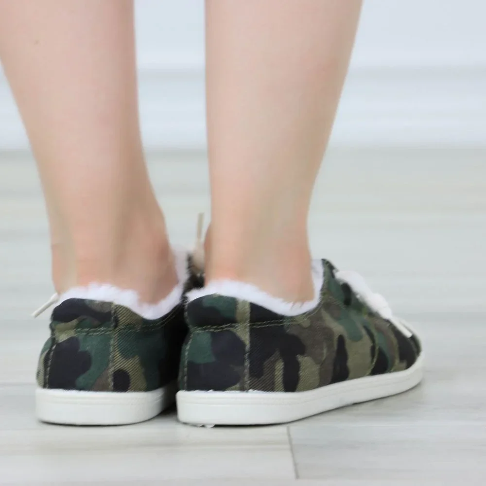 Camouflage Women's Flat Sneakers Canvas Lace Up Round Toe Warm Knit Lining - Picture 12 of 13